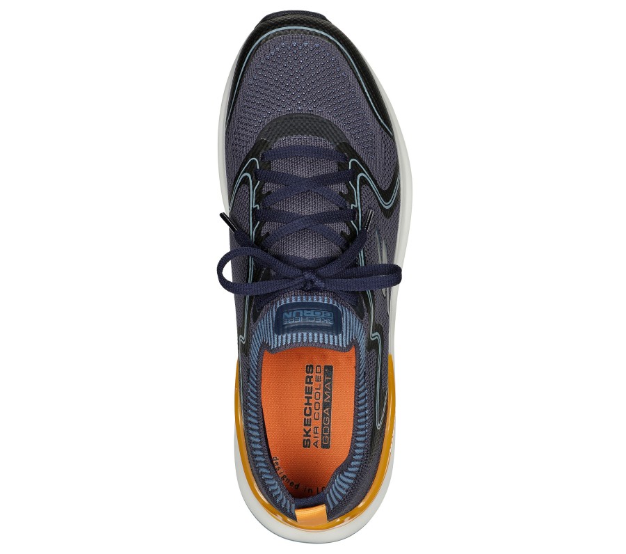 SKECHERS Max Cushioning Hyper Burst - Smooth Strike Navy / Orange Athletic Sneakers